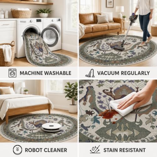 Area Rug for Living Room 6 Round Washable Floral Rug - Image 6