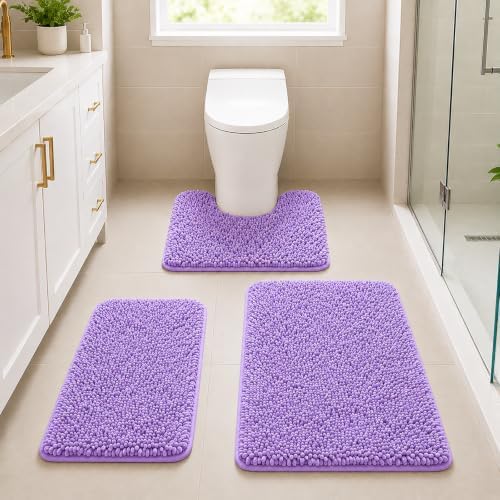 RUN HELIX Chenille Bathroom Rugs - 3 Piece Bath Mats, Non-Slip Luxury Bathroom Runner Rugs, Extra Soft and Absorbent Shaggy Rugs, Washable Dry Plush by RUNHELIX