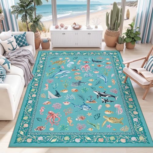 Arenarug 8x10 Washable Living Room Area Rug, Coastal Ocean Rug, Teal by ArenaRug
