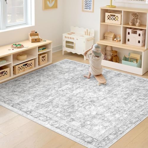 6x9 Area Rugs for Living Room: Washable Vintage Floral Rug Low Pile Non-Slip Boho Carpet for Bedroom Nursery Dining Room (Grey, 6'x9') - Image 5
