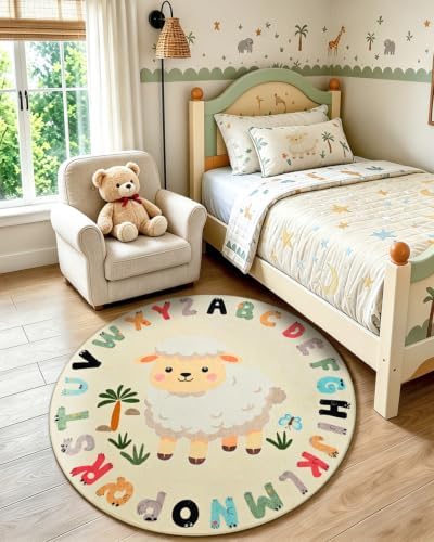 TWINNIS Kids Animal Print Round Rug for Playroom, Alphabet Washable Area Rugs for Boy Girl Baby Toddler Children, 5x5 Cute ABC Mat Play Carpet Nursery Bedroom Decor, Sheep - Image 7