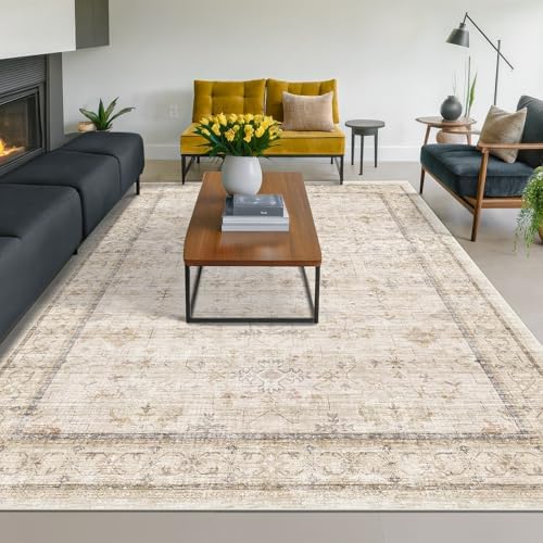 Hazo Haus Washable Ivory Living Room Rug, 8x10 Non Slip Area Rugs for Bedroom, Dinning Room Under Table Low Pile Neutral Farmhouse Vintage Foldable Decor - Image 3