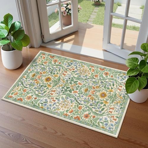 Floral 2x3 Entryway Rug Washable Doormat Indoor Throw Rug, Green by NakedCloud
