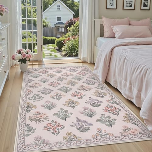 Wonnitar Floral 3x5 Washable Rug, Ultra-Thin Pink Small Rugs for Bedroom, Soft Ultra-Thin Non Slip Entryway Indoor Decor Carpet for Bedside Decor Office Girls Room Dorm, Pale Pink - Image 2