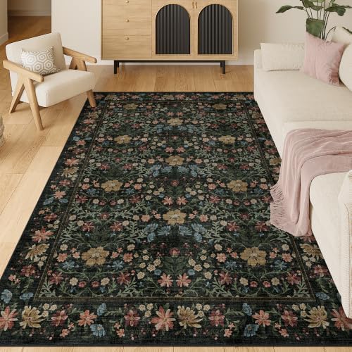 DUKINO 5x7 Area Rugs, Vintage Floral Washable Rug for Living Room, Black by DUKINO