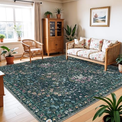 10x10 Square Area Rug Living Room: Boho Floral Washable Mat for Dining Room Bedroom Office High Traffic Area Soft Non Slip Low Pile Indoor Carpet for Vintage Farmhouse Home Decor (10ft Square, Green) - Image 3