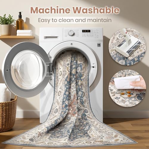 cotiled 7x9 Area Rug for Living Room, Washable, Traditional, Vintage Blue - Image 3