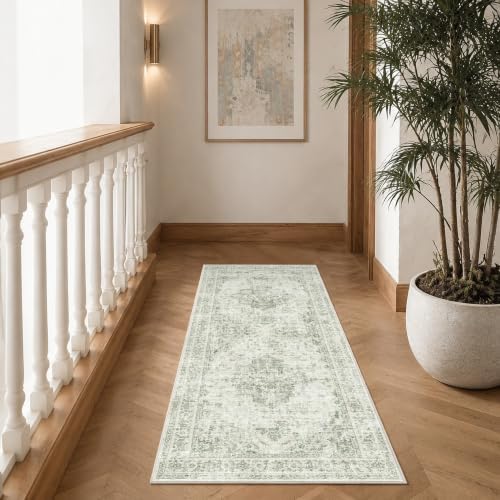 2x5 Washable Kitchen Runner Rug Non-Slip Medallion Green Throw Carpet - Image 4