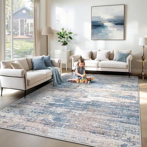 XLUEZ 6x9 Area Rugs for Living Room, Washable Modern Abstract Large Area Rug Neutral Soft Non Slip Kids Rug Stain Resistant Indoor Carpet for Bedroom Nursery Dining Room Playroom(BlueBeige, 6'x9') by XLUEZ