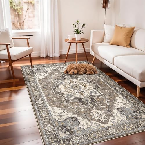 4x6 Area Rug for Living Room - Machine Washable Rugs with Non-Slip Backing Large Bedroom Carpet Distressed Oriental Non-Slip Non-Shedding Soft Thin Floor Mat for Dining Room Playroom(Beige,4x6) - Image 2