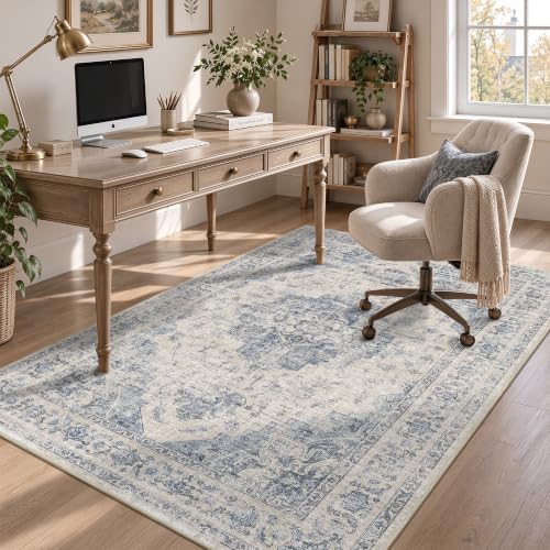 Washable 4x6 Bedroom Area Rug Soft Medallion Floral Blue Throw Carpet - Image 2