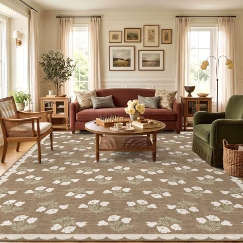 Tan 10x14 Area Rug for Living Room - Soft Washable Boho Bedroom Rug by Othilic