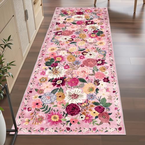 Pink Floral Hallway Runner Rug 2x6 for Bedroom Kitchen by WelcometoBabovid