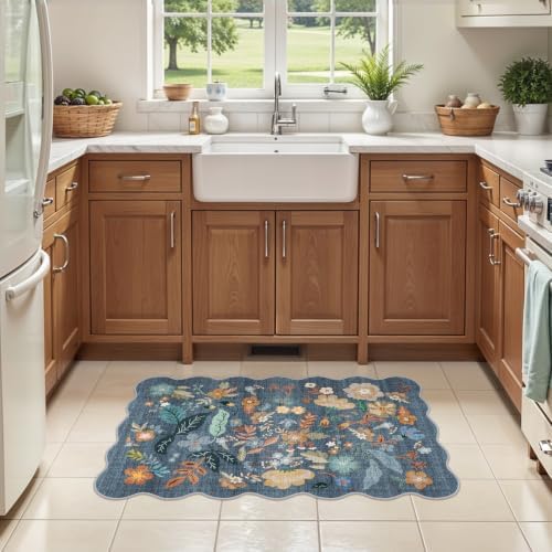 Washable Rug 2x3 for Entryway: Floral Scalloped Bathroom Rug Blue - Image 2