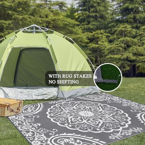 Pauwer Outdoor Rug 5x8, Waterproof Plastic Straw Camping Rug, Boho Grey - Image 6
