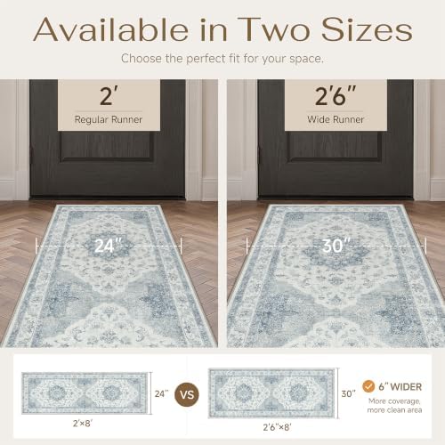 PureCozy Blue 2.6x14 Washable Runner Rug Hallway Vintage Oriental Carpet - Image 3