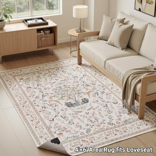 RCTJHOME 4x6 Beige Floral Nursery Kids Washable Area Rug Non-Slip Carpet - Image 5