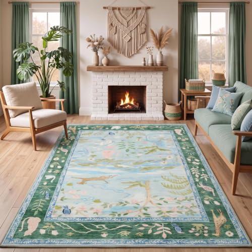 8x10 Washable Rug for Living Room Blue Animal Print Large Bedroom Rugs Non Slip Forest Nursery Girls Room Throw Carpet Stain Resistant Whimsical Safari Area Rugs for Home Office, Teal/Blue - Image 4