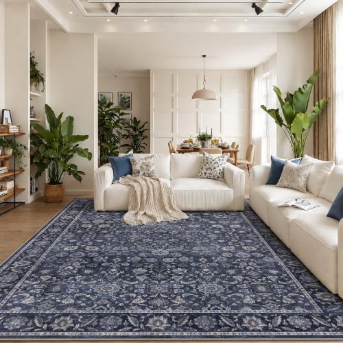 Washable 9x12 Living Room Soft Area Rug Retro Denim Blue Large Carpet - Image 2