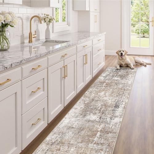 UERMEI 2x10 Washable Runner Rug for Hallway, Non Slip Low Pile Kitchen Carpet, Neutral Modern Abstract Indoor Floor Mat for Entryway Laundry, Kid & Pet Safe High Traffic Area, Brown/Grey/Red - Image 5
