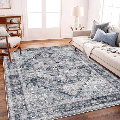 CHAMPLANT Washable Area Rug 8'x10' Dark Blue Retro Boho Design Non-Shedding Non-Slip Easy Care Ideal for High Traffic Areas in Living Room Bedroom Office Coffee Table Kitchen Large Carpet - Image 2