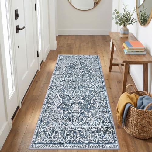 KUTA Vintage Washable Runner Rug 3x6 Blue White Wide Runners for Hallways - Image 3