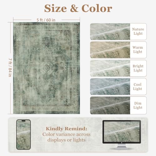 Muted Green 5x7 Area Rugs for Living Room, Washable Non Slip Bedroom Rug with Distressed Medallion Printed, Modern Farmhouse Low Pile Thin Carpet Rugs for Dining Room/Kitchen/Home Office - Image 2