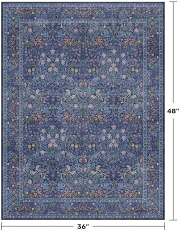 Vintage Dark Blue 3x4 Entryway Rug, Washable Small Area Rugs for Kitchen, Bedroom, Oriental Low Pile Stain Resistant Non-Slip Large Rug - Image 2