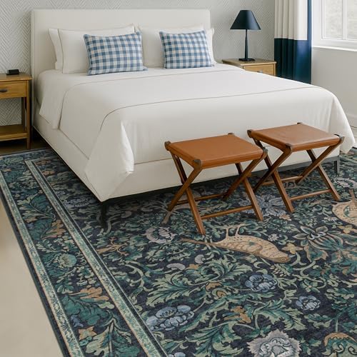 Soft Washable 9x12 Area Rug for Living Room, Bedroom Stain Resistant - Dark Blue Dining Rugs for Under Table, Non-Slip 9 by 12 Low Pile Boho Room Décor for Bedroom, Vintage Bird Floral Design Carpet - Image 3