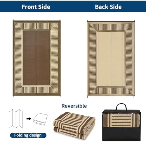 GAOMON Large Outdoor Camping Rug 9x18 Modern Bordered Reversible Outdoor Carpet Foldable Retro Plastic Straw Rug Portable Outside Patio Rugs Floor Mat for Porch, Beach, Balcony, Backyard,Border-Brown - Image 6