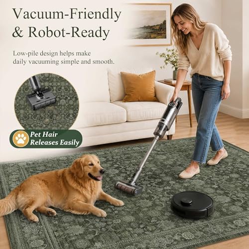 5x7 Washable Boho Area Rug, Non-Slip Green Bedroom Nursery Carpet - Image 6