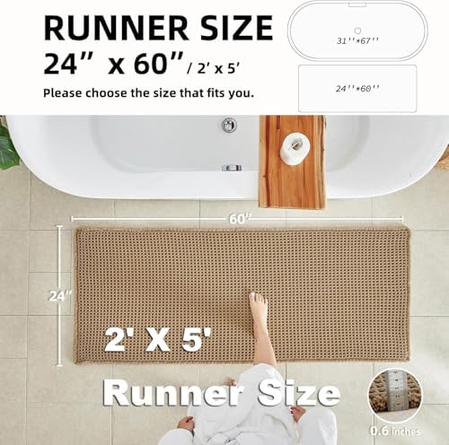TYUU Waffle Runner Rug Bathroom, Long Boho Bath Mat Non Slip, 60x24 Khaki - Image 2