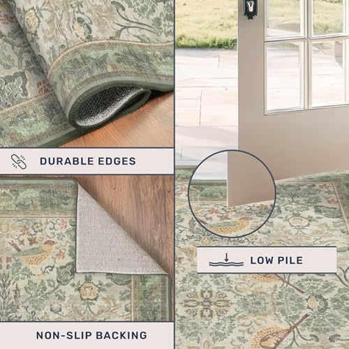 Hazo Haus Washable Living Room Rug 6x9 - Sage Floral Nature Area Rugs for Bedroom, Dining Room Kitchen Table Rug for Under Table, Office, Stain Resistant Non-Slip - Sage Green - Image 5