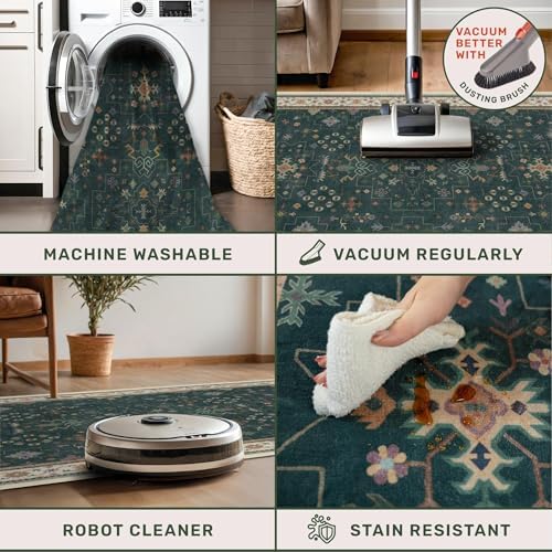 Hazo Haus Dark Green 2x8 Non Slip Kitchen Runner Rugs - Modern Vintage Boho Eclectic Floral Pattern, Washable Low Pile Non-Slip 8ft Long Runner Rugs for Hallway, Entrance - Image 4