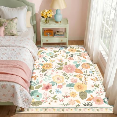 RELEANY Floral Washable 4x6 Area Rugs Beige/White/Orange by RELEANY