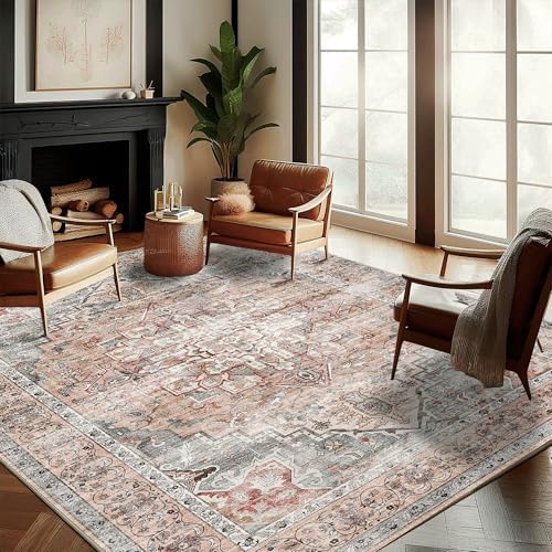 CHAMPLANT Washable Area Rug 8'x10' Light Cyan and Light red Retro Boho Design Non-Shedding Non-Slip Easy Care Ideal for High Traffic Areas in Living Room Bedroom Office Kitchen Large Carpet by CHAMPLANT