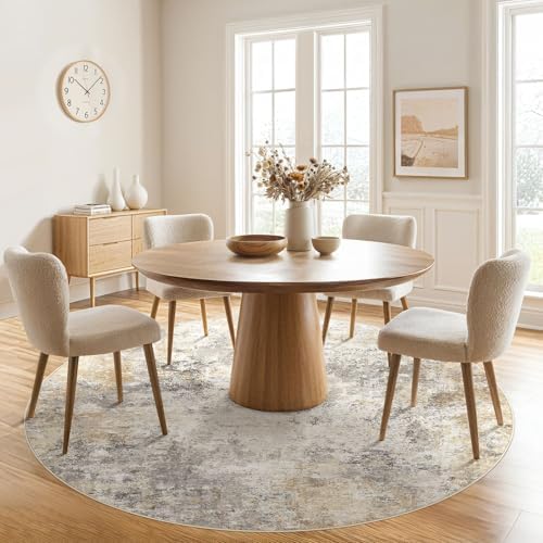 UERMEI 6ft Round Area Rug Living Room Rugs - 6x6 Washable Neutral Modern Abstract Soft Thin Rug Indoor Floor No Slip Rug Carpet for Bedroom Under Dining Table Home Office Decor - Golden Grey - Image 5
