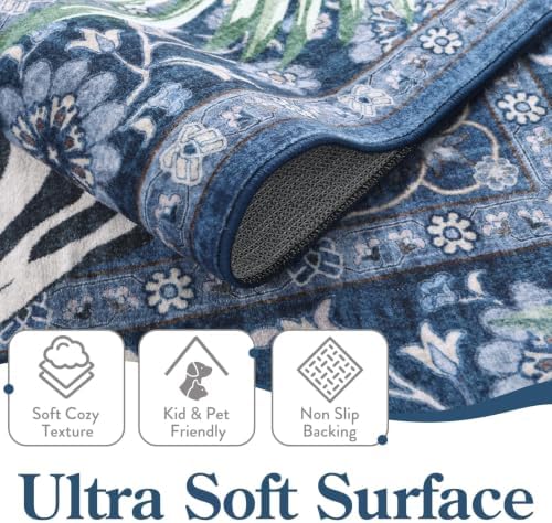 Moynesa Tiger Washable Area Rugs for Living Room, 5x7 Vintage Soft Rug for Bedroom, Non Slip Boho Botanical Ultra Thin Large Stain Resistant Throw Rug for Dining Guest Room, Blue - Image 3