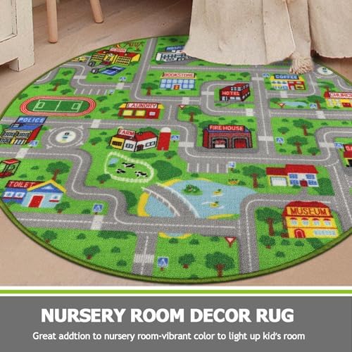 Capslpad Green Car Road Kid Rug Carpet Playmat for Playoom Traffic Road Kids Play Mat for Toddler Non Slip Washable City Map Race Track Carpet Rug for Kids Room Bedroom Nursery Room Decor,4'x4' - Image 5