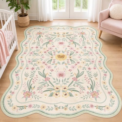 Scalloped Floral Rug 4x6, Sage Green Washable Girls Bedroom Rug by Dadasgk