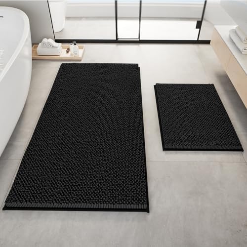 Bathroom Rugs Set 2 Piece Thick Chenille Kitchen Mats,Quick Dry Absorbent Bath Rugs With Non-Slip Pvc Backing,Bath Mats for Bathtub,Bedroom,Living room -Home Decor Large Rugs 60x24+24x16 Inch Black - Image 4