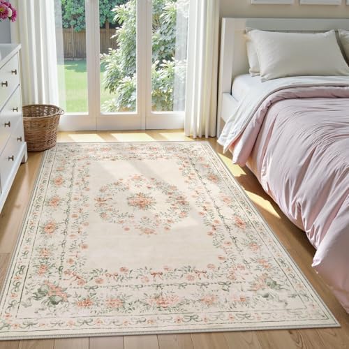 Wonnitar Floral Bow Washable Area Rug 5x7, Ultra-Thin Beige Rugs for Bedroom, Boho Non Shedding Neutral Soft Carpet for Nursey Kids Room Dorm Living Room, Beige - Image 4