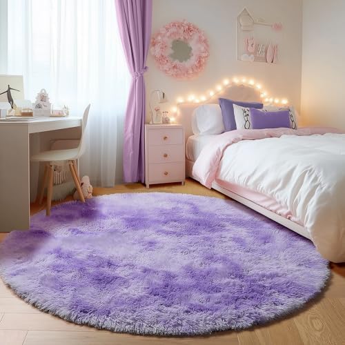 ONASAR Round Rugs 5ft for Bedroom Living Room, Tie-Dyed Purple Fluffy Circle Area Rug for Kids Girls Boys Teen, Soft Plush Shaggy Carpet for Nursery Dorm Classroom Playroom Home Decor Aesthetic by ONASAR