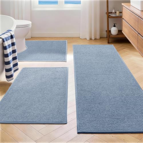 YIHOUSE Navy Blue Bathroom Rugs Sets 3 Piece, Quick Dry Thin Bath Mat with Toilet Rug, Non Slip Absorbent Machine Washable, Bath Runner Rugs for Bathtub Sink Home Decor by YIHOUSE