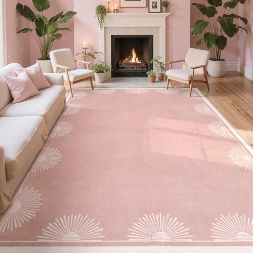 Hedlive Modern Pink 8x10 Rug for Living Room,Ultra Thin Washable Bedroom Rug 8x10 Under Bed, Non Slip Sun Print Large Rugs, Non Shedding Throw Carpet for Girls Room Nursery Dorm(8'x10',Pink) by Hedlive