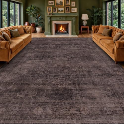 Farmhouse 9x12 Dark Taupe Brown Large Area Rugs for Living Room, Vintage Unique Washable Dark Brown Rug for Bedroom Under Bed with Distressed Geometric Design, Soft Stain Resistant Low Pile Non-Slip by Unknown