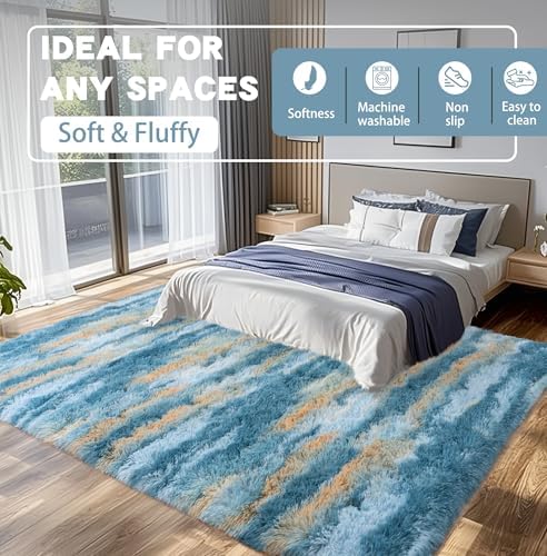 8x10 Abstract Blue Fluffy Rug for Bedroom Living Room Washable Non-Slip - Image 5