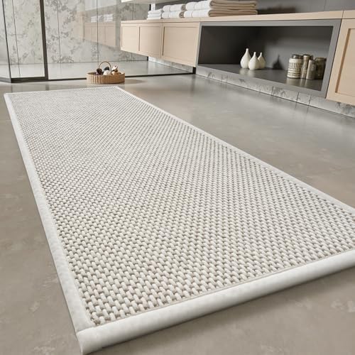 PADOOR-Bath Mat Runner-Super Absorbent Chenille Bathroom Mats-Rubber Backed Bath Mats for Bathroom Non Slip, Easy Clean Bathroom Runner Rugs Front of Bathtub,Shower Room,Sink-17×59, Beige&Cream by PADOOR