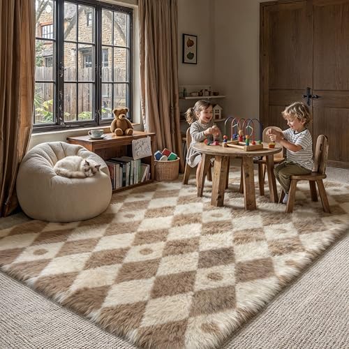 PureCozy Brown 5x7 Area Rug for Living Room Soft Checkered Shag Carpet - Image 3