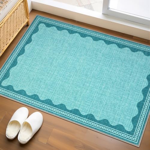 GarveeHome Scalloped Teal Door Mat Indoor Rugs for Entryway Small Rug 2x3 Washable Non-Slip TPE Backing Modern Minimalism Soft Low-Pile Throw Carpet for Bedroom Kitchen Bathroom by GarveeHome